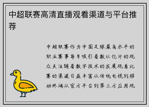 中超联赛高清直播观看渠道与平台推荐