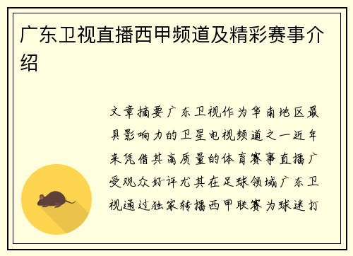 广东卫视直播西甲频道及精彩赛事介绍